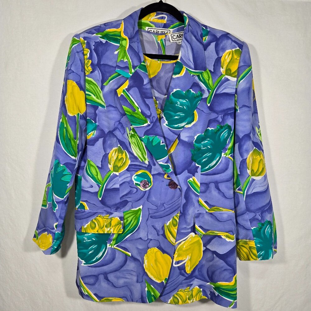 Vintage CARLISLE 80's Retro SILK Vibrant Purple TULIPS Blouse & Blazer Size 14.